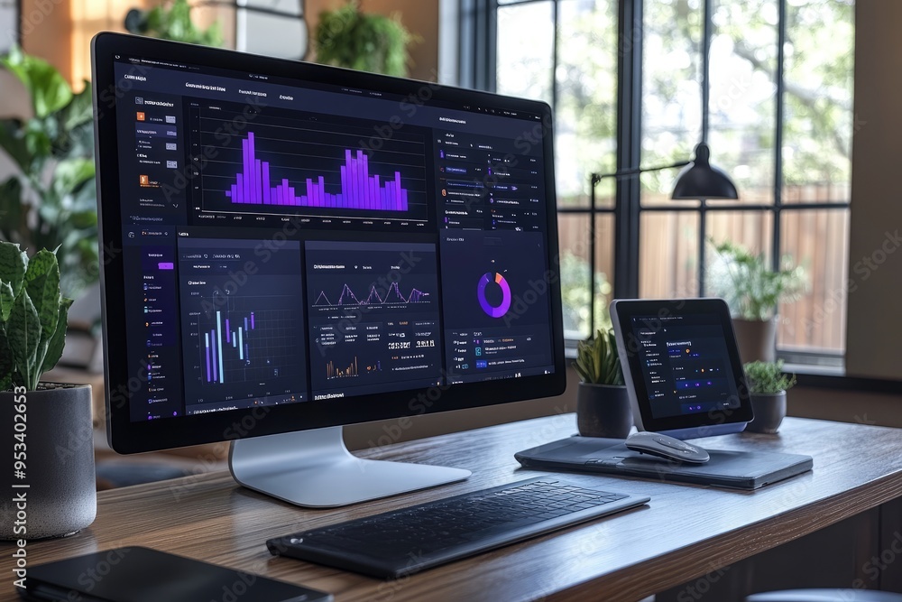 Fototapete Modern workspace setup showing financial data on a desktop computer screen