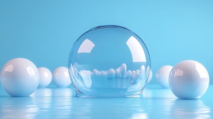 3D Render Abstract Geometric Background with Futuristic Minimal Concept: Clean Style Featuring Blank Ball, Opaque Sphere, and Bubble in Classic Blue Color as an Empty Template for Copy Space and Moder