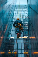 Fototapeta premium A worker ascending a skyscraper during twilight in an urban environment, showcasing high-rise cleaning techniques