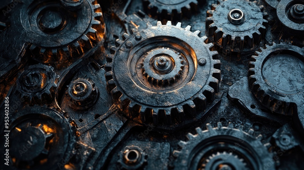 Poster rusty interlocking industrial gears forming a unified machine