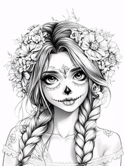 Fototapeta premium A girl with a flowery headband and a skeleton on her face