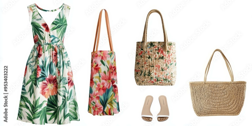 Wall mural Floral dress, three bags, sandals, white background.