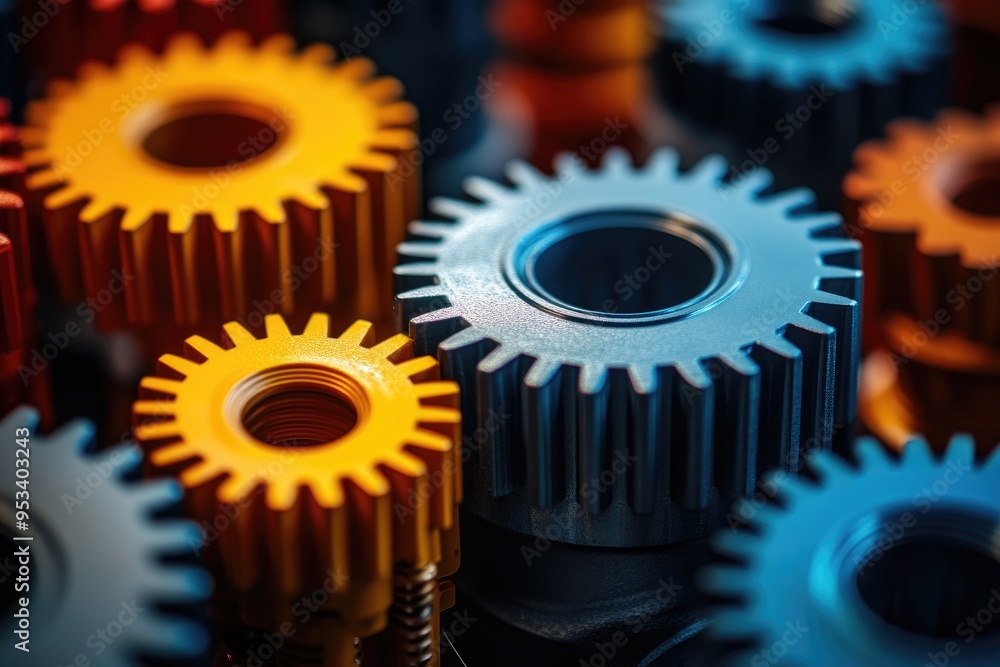 Aufkleber Colorful metallic gears interlocking representing teamwork and collaboration