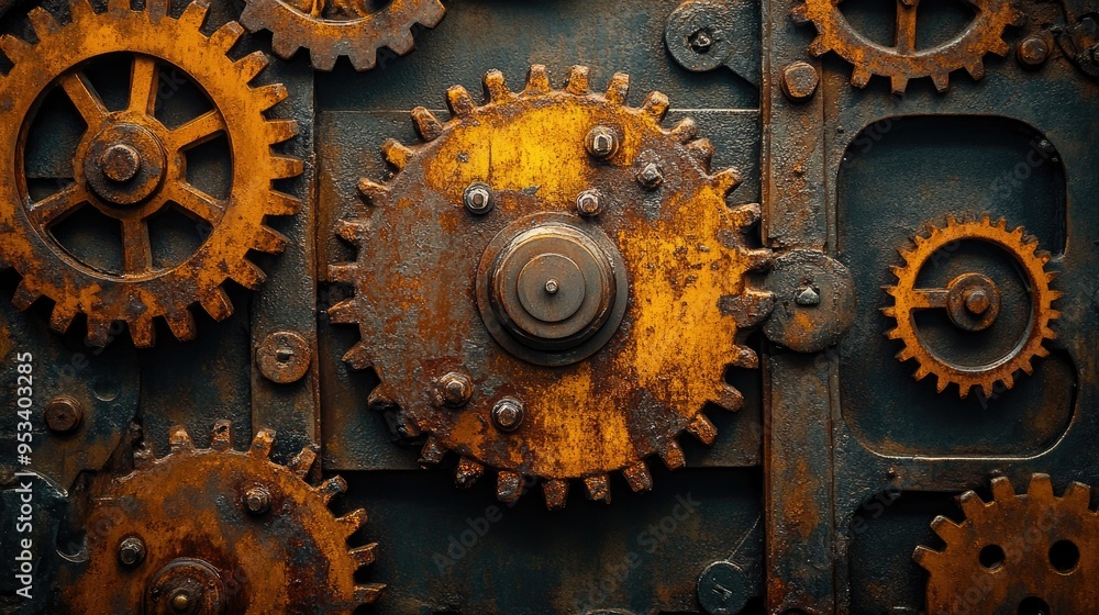 Poster rusty gears creating industrial steampunk background