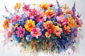 Watercolor painting showing colorful flowers blooming in a garden