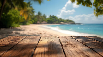 Wooden table top with blurred beach scene in background.