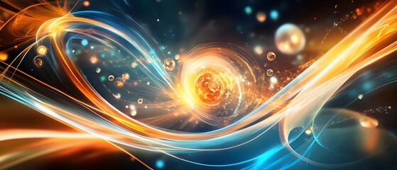 Abstract Orange and Blue Light Swirls with Glowing Spheres.