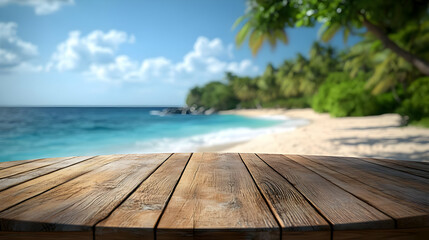 Wooden table top with blurred tropical beach background.