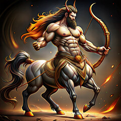 zodiac sign sagittarius, strong centaur warrior with bow, determined expression, dramatic fiery background