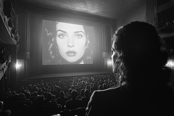 A vintage cinema scene in black and white, showcasing a captivated audience watching a classic film.