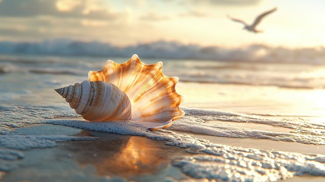  A seashell on the beach, with a seagull flying above the ocean and sunlight filtering through the clouds