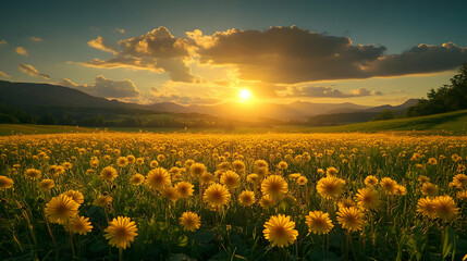 Obraz premium Yellow wildflowers in a field with mountains in the distance and a sunset in the sky.