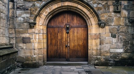 A beautiful wooden door with an ornate knocker, set in a stone archway, leading to an ancient castle courtyard.