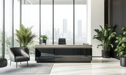 Modern interior design of the executive office, featuring a black cabinet with gray stripes and white lines