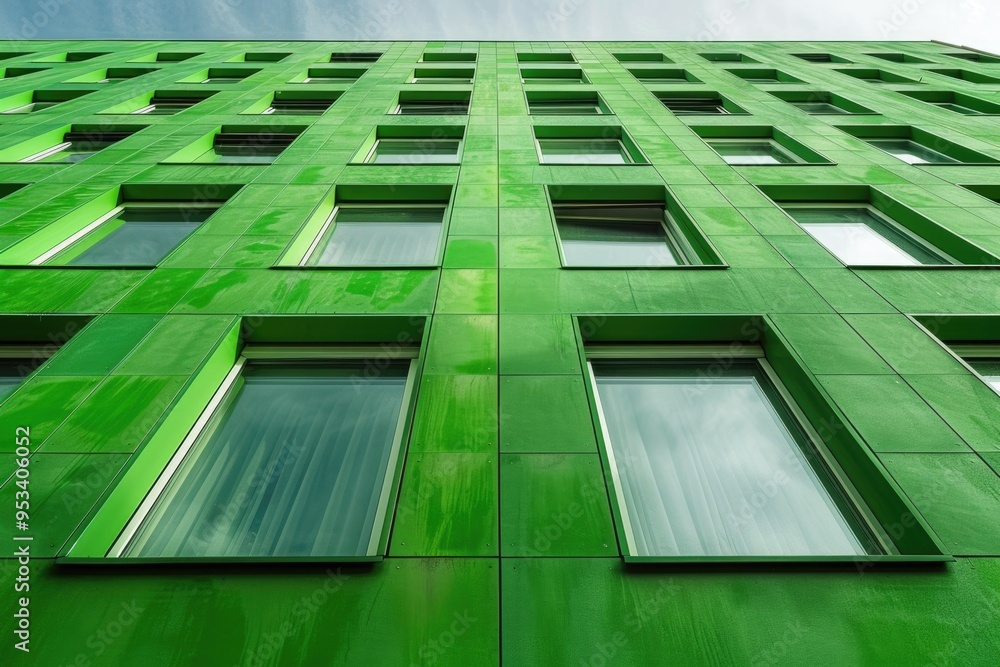 Sticker A tall green building with many windows, ideal for use in architectural or environmental contexts