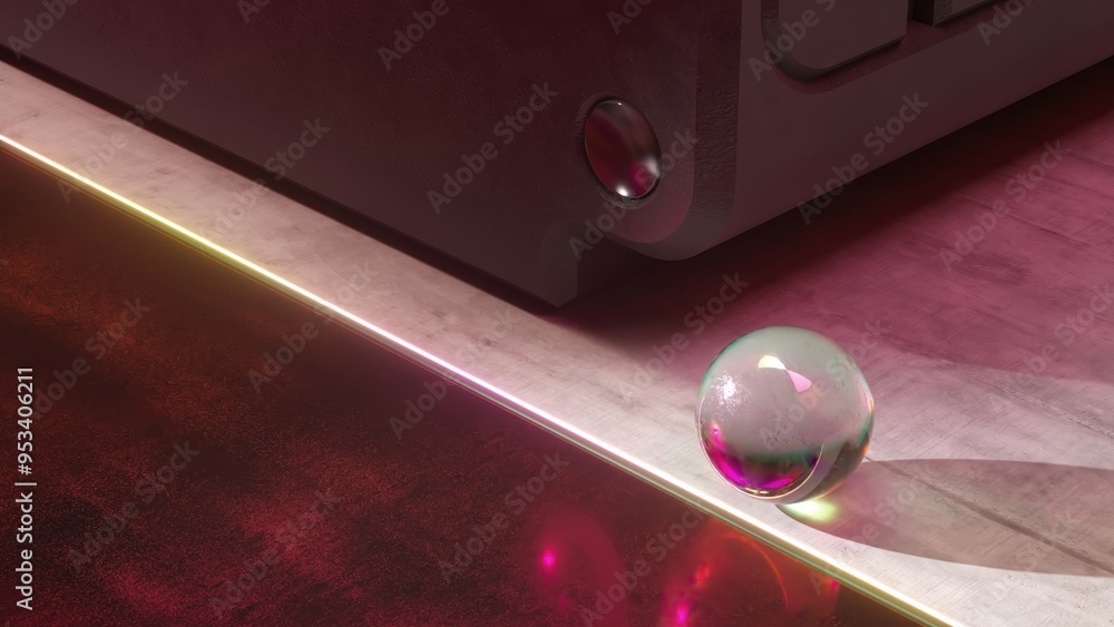 Poster a transparent sphere next to a neon-lit surface on a colorful floor, creating vivid reflections and 
