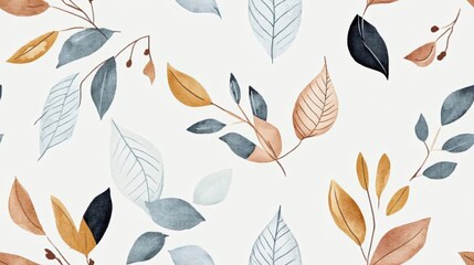 Obraz premium Watercolor Autumn Leaves Seamless Pattern: A delicate and elegant pattern featuring watercolor leaves in shades of blue, gray, brown, and mustard yellow