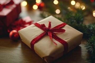 Christmas Gift with Red Ribbon and Lights.