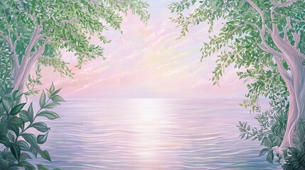 Fototapeta premium Sunset watercolor painting with trees