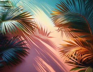 Vibrant shadows of tropical palm fronds cast upon a pastel background