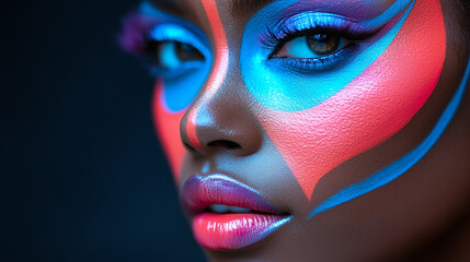 Vibrant close-up portrait showcasing artistic face paint in bold colors, highlighting unique beauty and creativity.