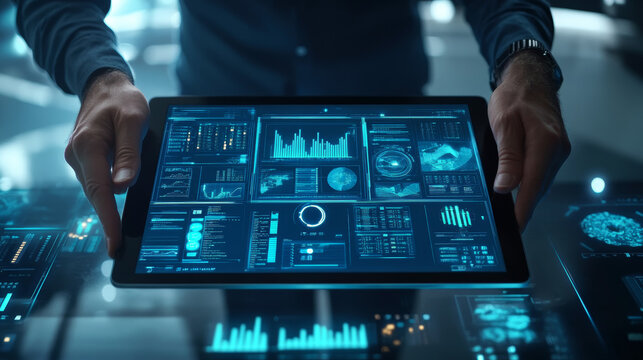 Detailed data visualizations such as heat maps, 3D scatter plots, network diagrams, and pie charts are prominently displayed on the virtual interface. Each visualization is annotated with numbers, 