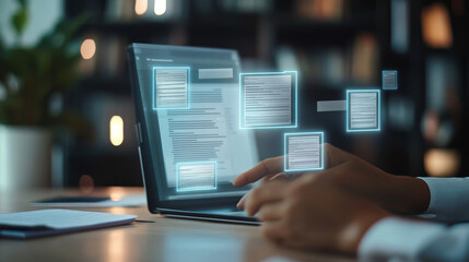 A modern, digital workspace illustrating the concept of document management through the visualization of electronic documents on a virtual screen. The emphasis is on a document management system (DMS)