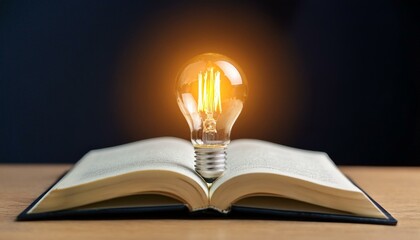 light bulb glowing on book, idea, inspiration from reading, innovation idea concept