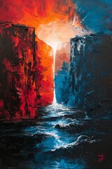 Fototapeta premium Vivid abstract landscape featuring a waterfall cascading between fiery red cliffs and cool blue tones at sunset