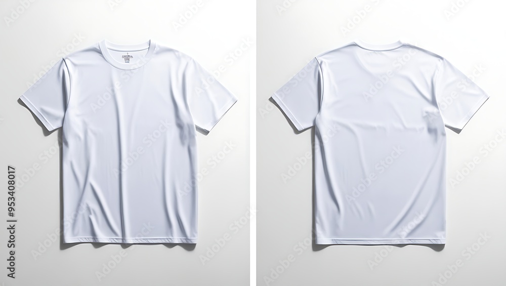 Sticker White shortsleeved tshirt ideal for mockups, designs, fashion websites, and advertising campaigns. Front and back view on white background.