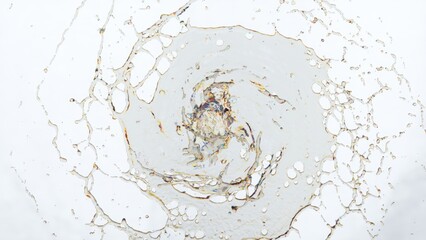 A high-speed capture of a water splash forming a vortex pattern against a white background,...
