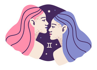 Gemini constellation with an airy and mystical.Twins, horoscope and celestial. Flat vector illustration