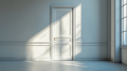 Closed White Door in Minimalistic Room, Featuring Clean Lines and Simple Design, Perfect for Modern Interior Concepts, Privacy, and Tranquility Themes.