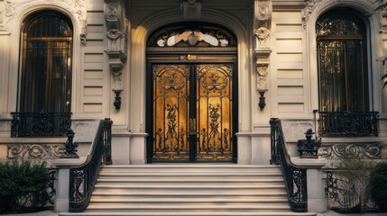 Fototapeta premium A grand, double-door entrance to a historic building, with ornate metalwork and a marble staircase leading inside.