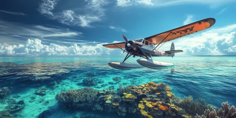 Seaplane flying over turquoise water and coral reefs.