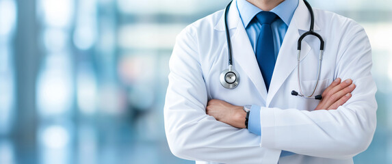 A male doctor in a white coat and stethoscope stands with arms crossed over his chest in a close-up portrait. Minimalist background with copy space on the right side.