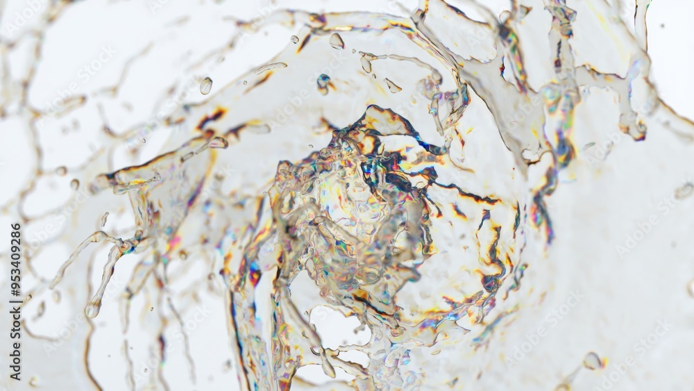 Poster close-up of abstract 3d splash with colorful light reflections