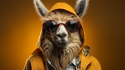 stylish 80's clothes alpaca llama in glasses. in motion on yellow background.