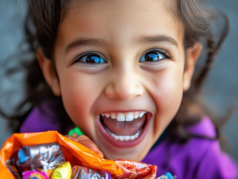 Thrilled child with joyful expression, holding colorful candies in an orange bag.