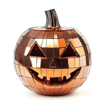 A disco ball jack-o'-lantern, 70s Halloween theme, shiny and groovy, isolated on white background