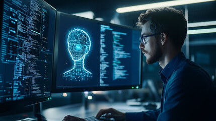 Cyber ​​security threat, IT specialist analyzing information technology data, augmented reality artificial intelligence, side profile. AI generation