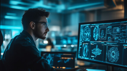 Cyber ​​security threat, IT specialist analyzing information technology data, augmented reality artificial intelligence, side profile. AI generation