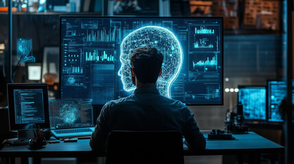 A man sits in front of a computer monitor with many screens. Cyber ​​security threat, IT specialist analyzing information technology data, augmented reality artificial intelligence. AI generation