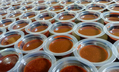 Close Up View Of Fresh Chocolate Pudding Sweet Snack Food Arranged Neatly And Tightly