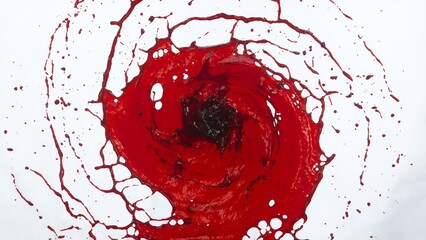 A striking image of red liquid forming a vortex splash against a white background, showcasing...