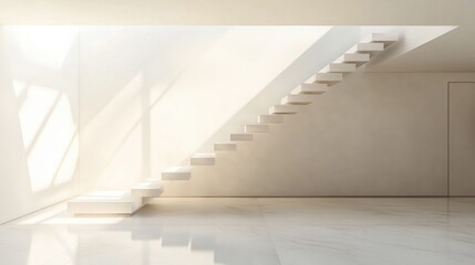 Naklejka premium A minimalist staircase with floating steps and no railings, leading up to a bright, open loft space.