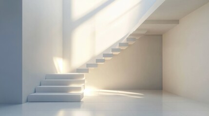 Fototapeta premium A minimalist staircase with floating steps and no railings, leading up to a bright, open loft space.