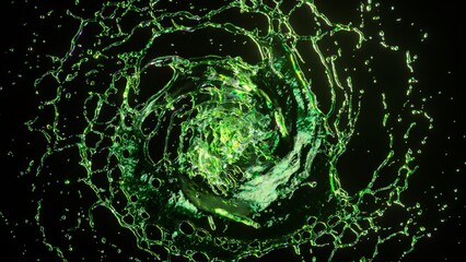A vibrant image of green liquid forming a dynamic splash vortex against a black background,...