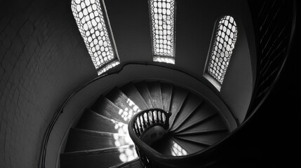 A narrow, winding staircase in a lighthouse, with light streaming in from small windows at each turn.