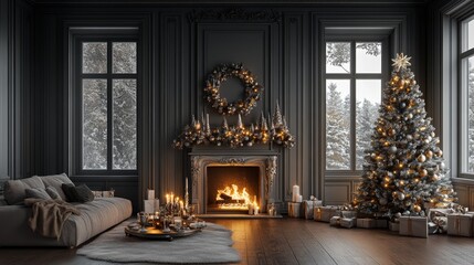 Obraz premium Comfortable living room setting with windows on both sides of the fireplace, grey paneled walls, and silver and gold decorations on the Christmas tree on the right, creating a festive atmosphere